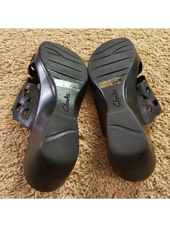 Clarks Bendables Wedge Sandals Womens 10M Black 37059 Comfort Slip On Slides - Picture 9 of 10